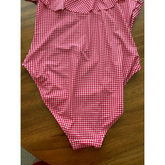 J Crew Ruffle One Shoulder Red White Gingham Full Coverage One Piece EUC Large - Picture 9 of 10